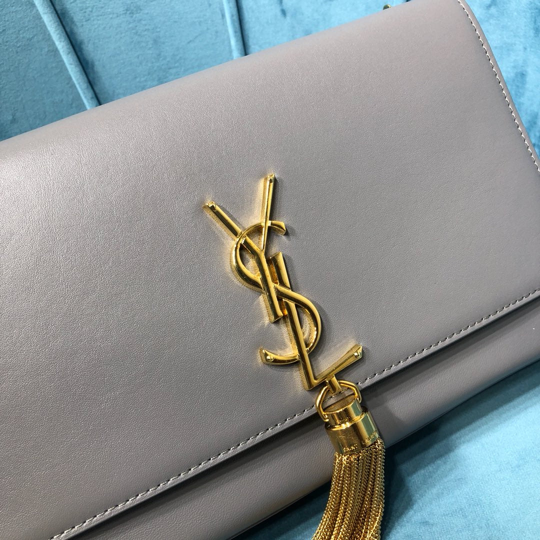 YSSL Kate Medium Chain Bag With Tassel In Grain De Poudre Grey For Women 9in/24cm YSL