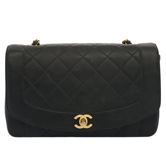 CHANEL Diana Matelasse Turn Lock Shoulder Bag Lamb Skin Black CC Auth 51272A
