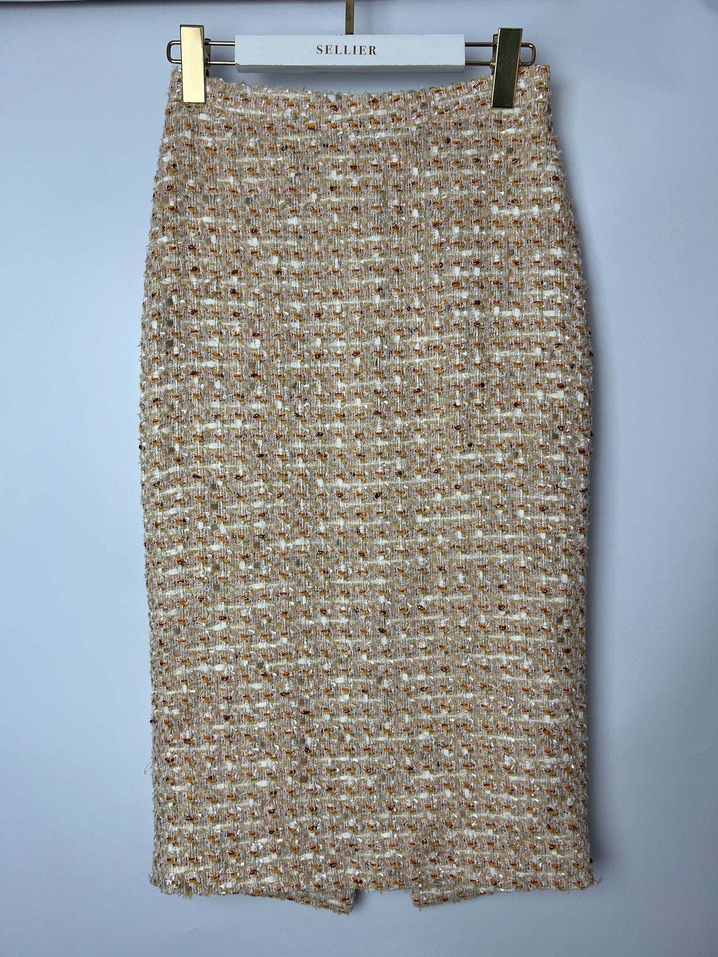 Alessandra Rich Beige, Yellow and Orange Tweed Midi Skirt Size IT 40 (UK 8)