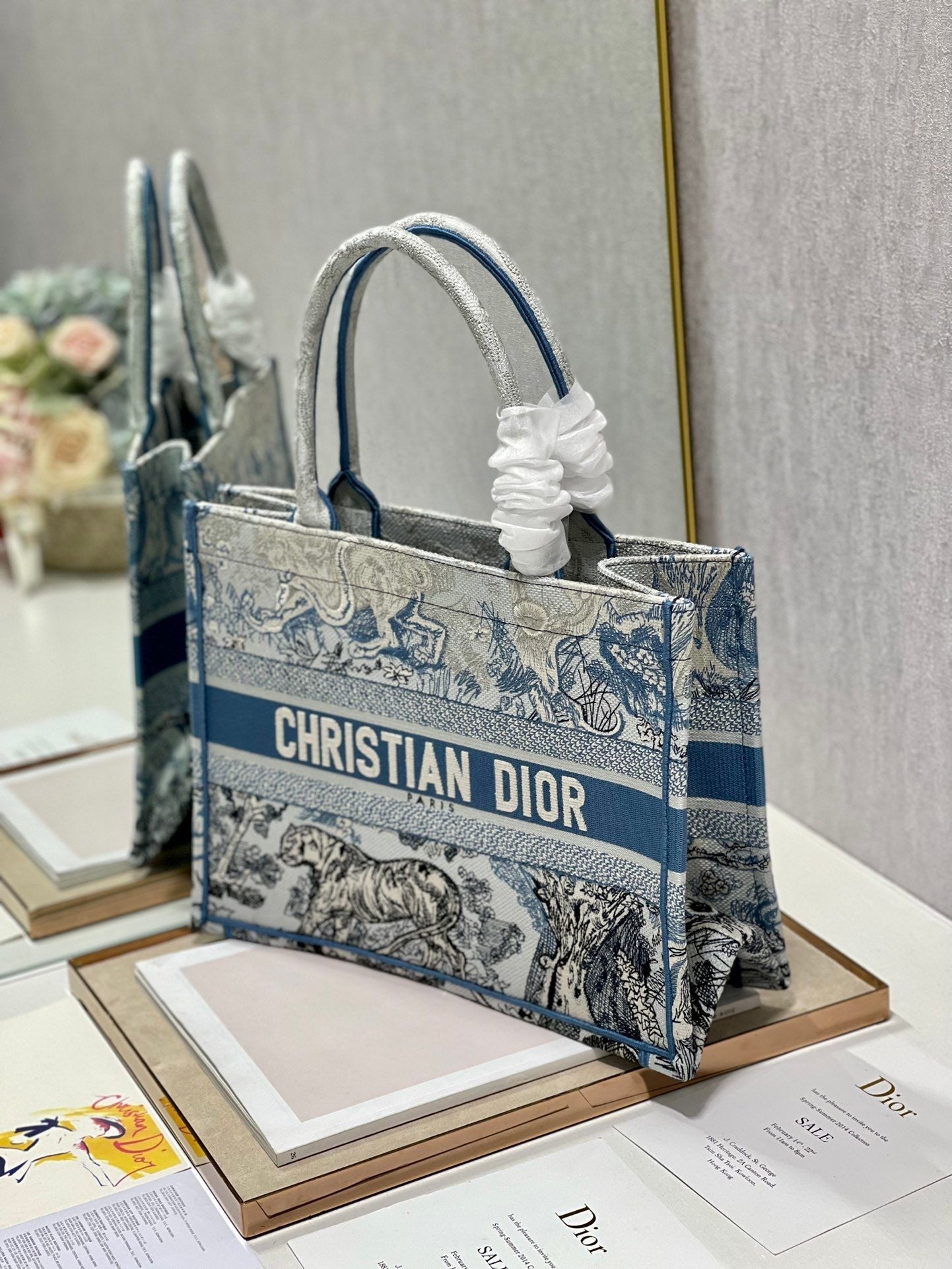 Top Quality MeTop Qualityum Book Tote Blue Toile de Jouy Reverse Embroidery, Blue, For Women Womens Handbags, Shoulder Bags, 36cm CD M1296ZRGO_M928