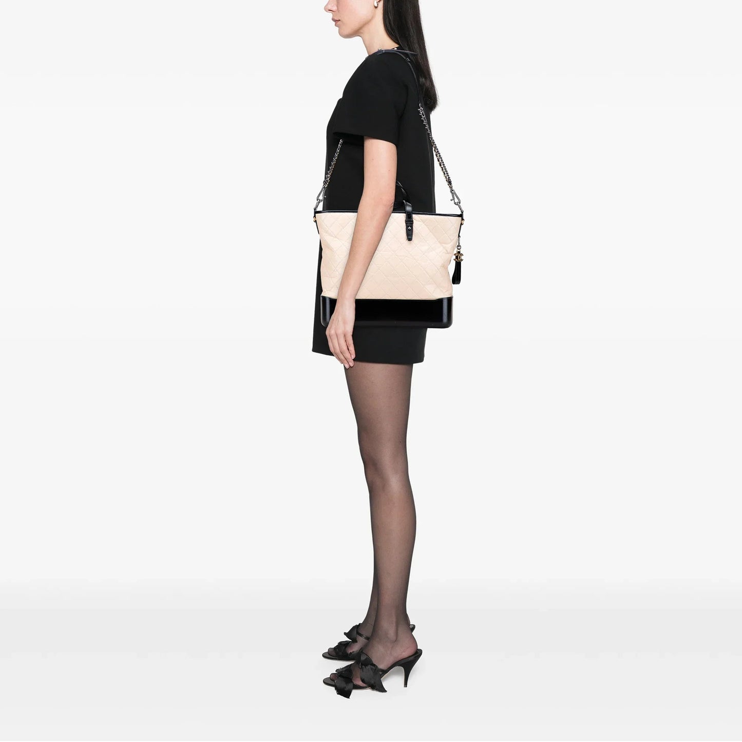 Cream and Black Chanel Large Aged Calfskin Gabrielle Shopping Tote Satchel