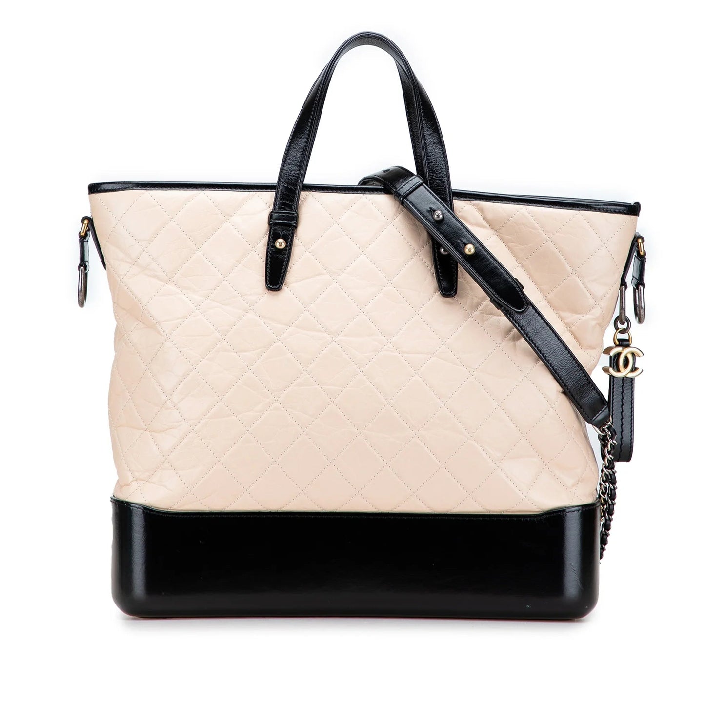 Cream and Black Chanel Large Aged Calfskin Gabrielle Shopping Tote Satchel