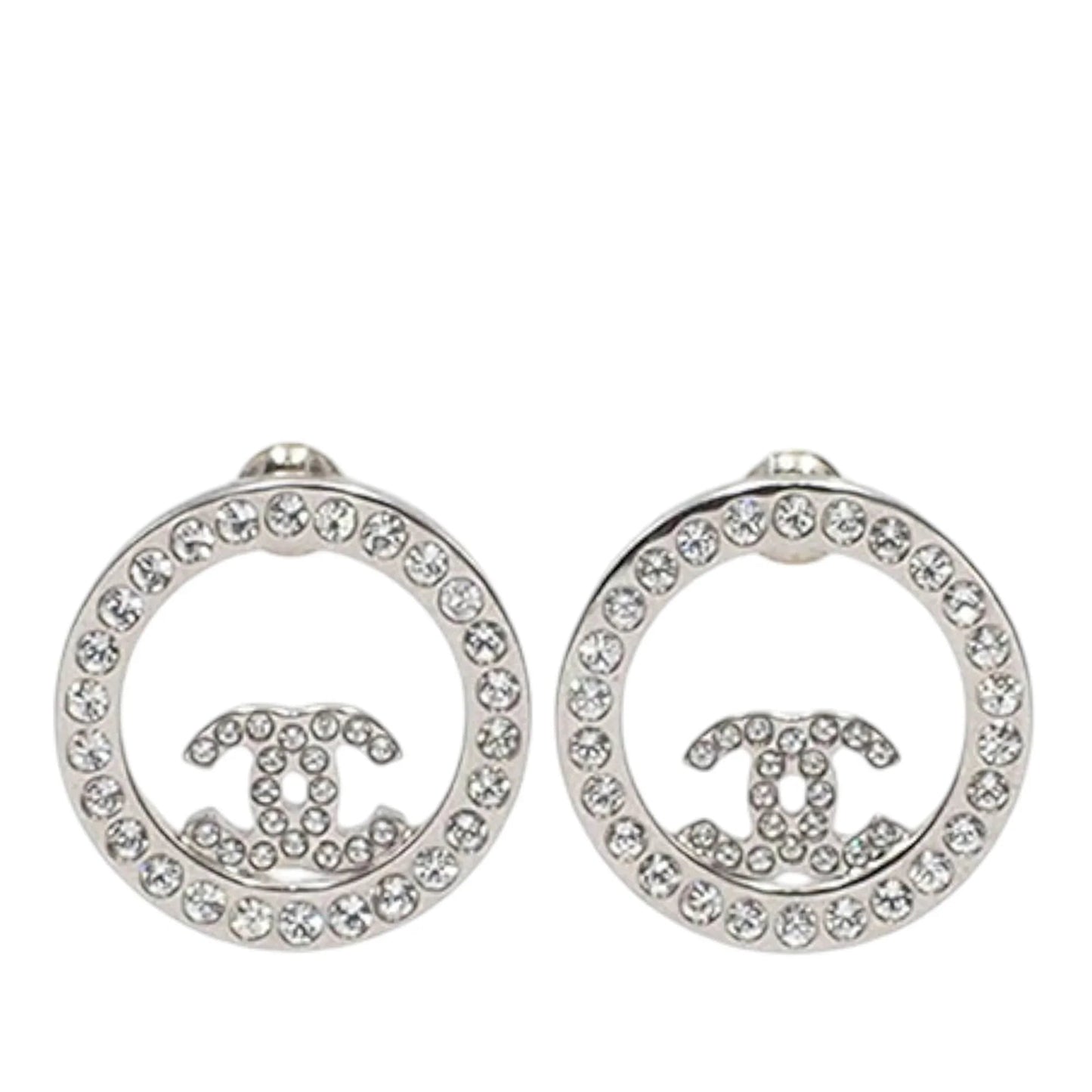Silver Chanel Silver Plated CC Rhinestones Round Push Back Earrings