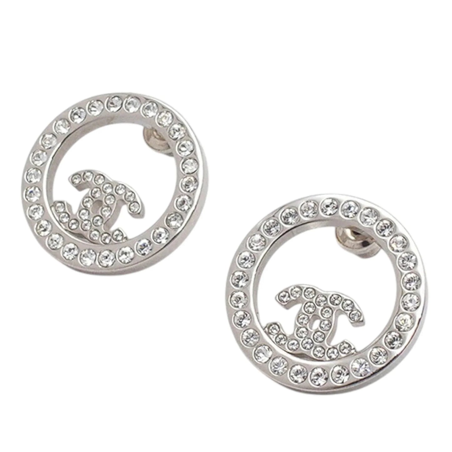 Silver Chanel Silver Plated CC Rhinestones Round Push Back Earrings