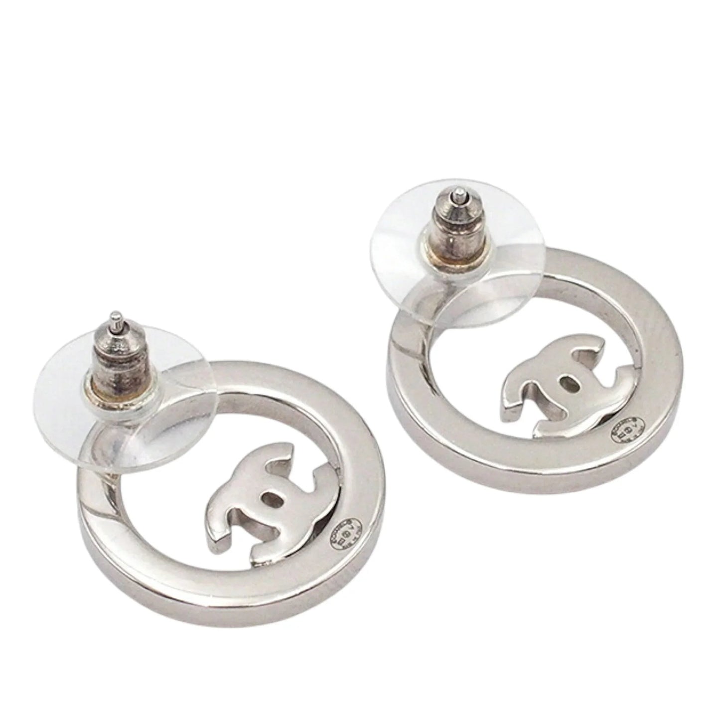 Silver Chanel Silver Plated CC Rhinestones Round Push Back Earrings