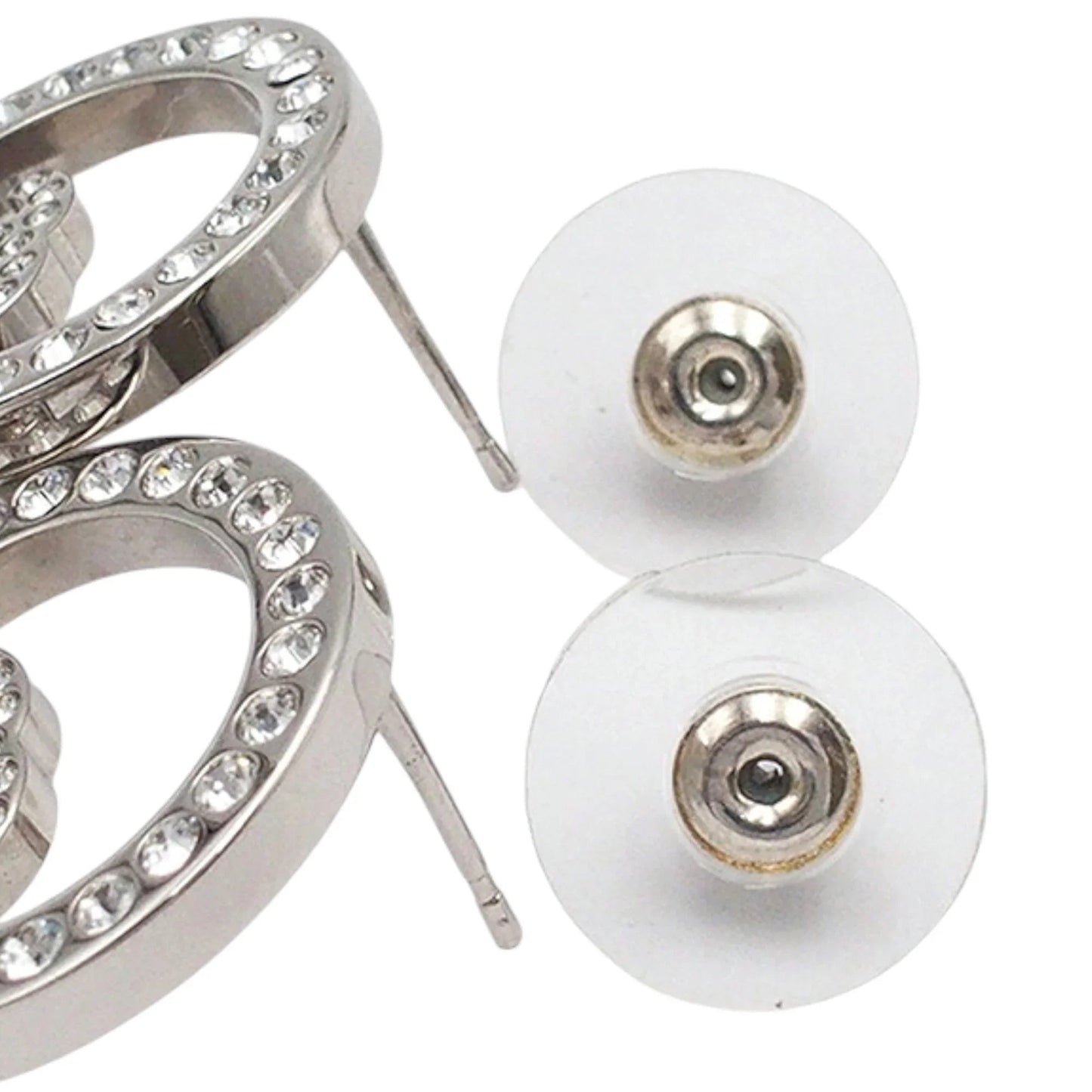Silver Chanel Silver Plated CC Rhinestones Round Push Back Earrings