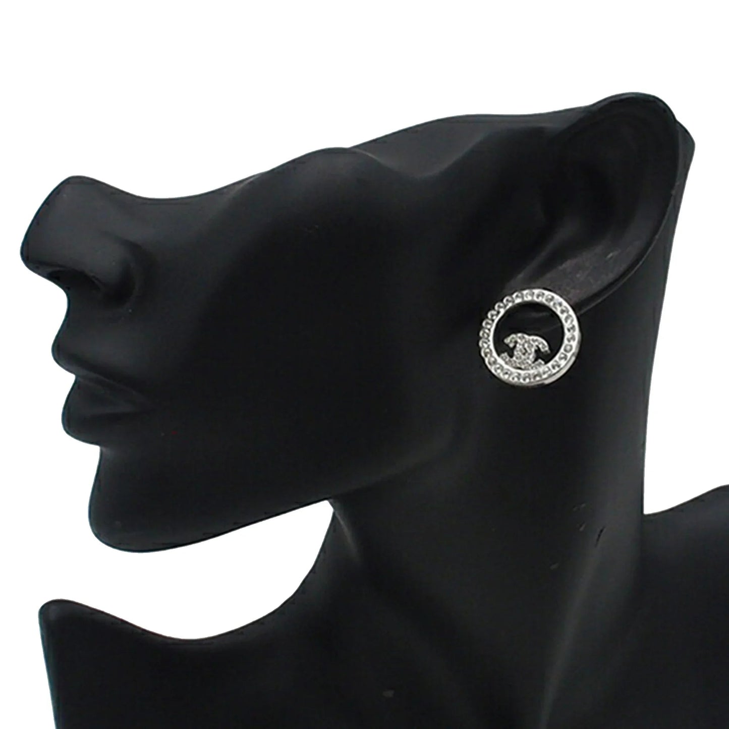 Silver Chanel Silver Plated CC Rhinestones Round Push Back Earrings