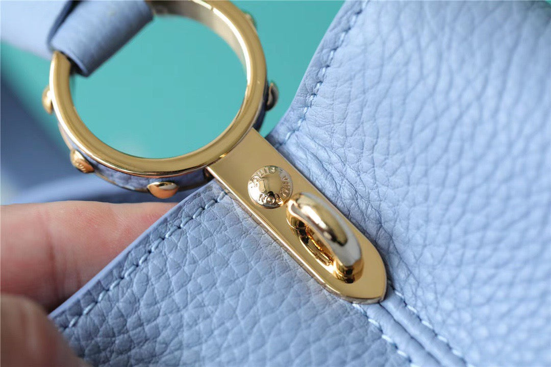 Top Quality Capucines BB Taurillon Light Blue/ Beige For Women, Womens Bags, Shoulder And Crossbody Bags 10.6in/27cm Top Quality
