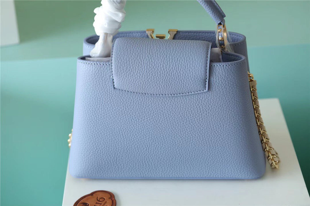 Top Quality Capucines BB Taurillon Light Blue/ Beige For Women, Womens Bags, Shoulder And Crossbody Bags 10.6in/27cm Top Quality