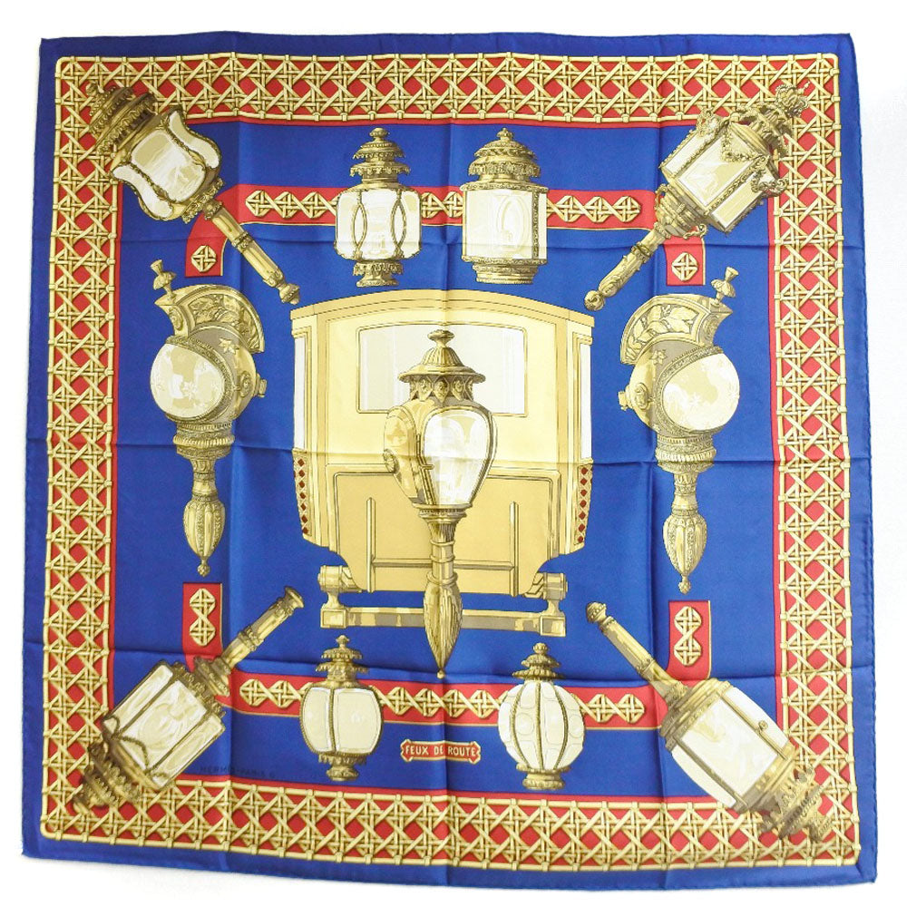 HERMES scarf silk Red / yellow / blue FEUX DE ROUTE Carre90 Women  d