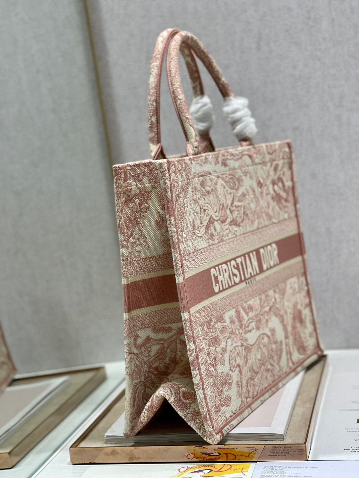 Top Quality Large Book Tote Red Toile de Jouy Embroidery, Light Red, For Women Womens Handbags, 42cm CD