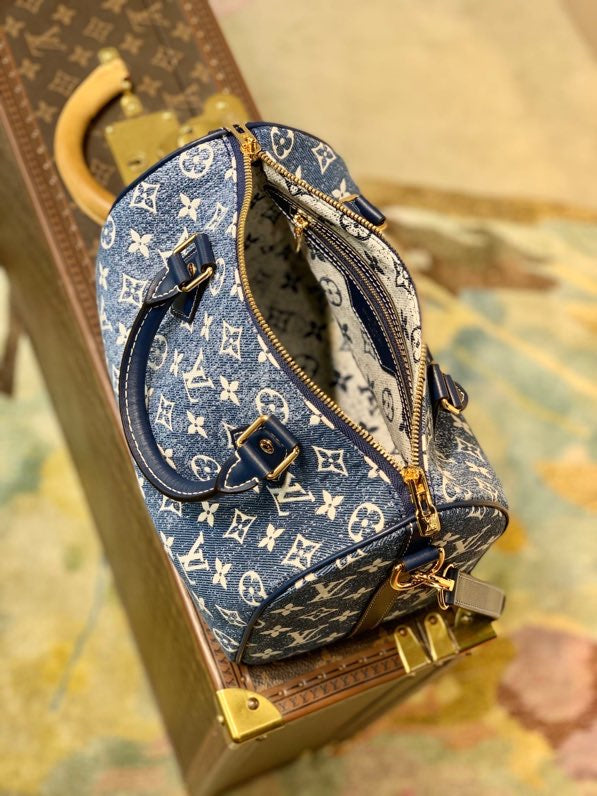 Top Quality Speedy Bandouliere 25 Monogram Denim Jacquard Navy Blue For Women, WoHandbags 9.8in/25cm Top Quality M59609