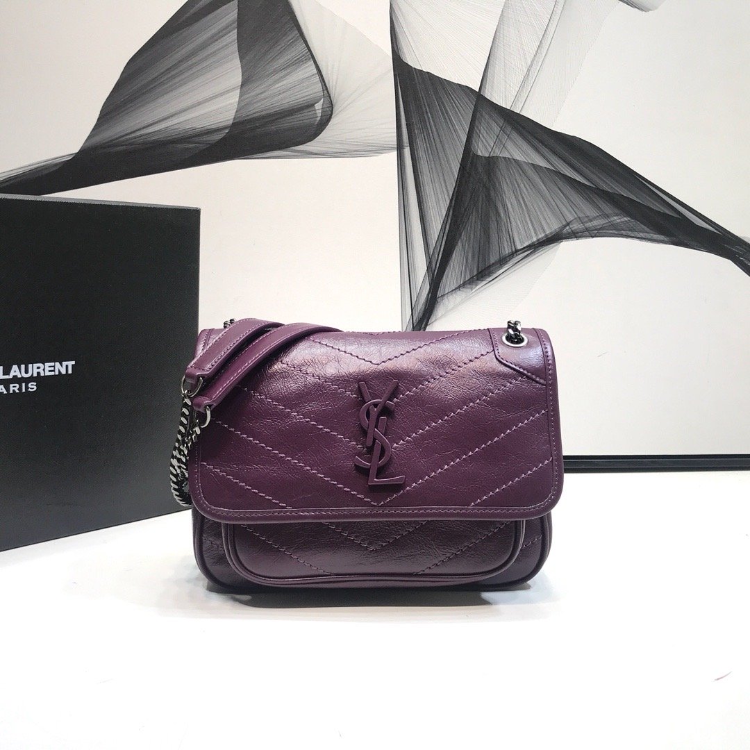 YSSL Niki Baby Chain Bag In Crinkled  Dark Violet For Women 8in/21cm YSL