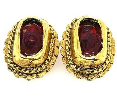 CHANEL -   70s Gripoix Clip On - Gold Tone and Deep Orange Red - Earrings