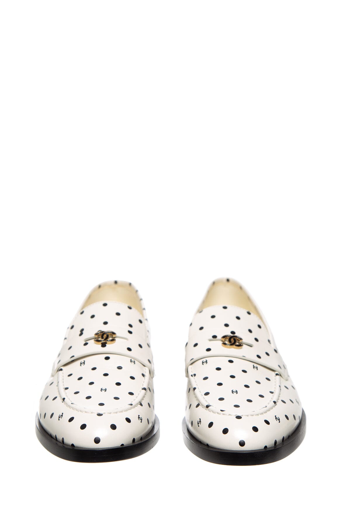 Chanel White And Black Polka Dot and Interlocking CC Logo Loafers SZ 39