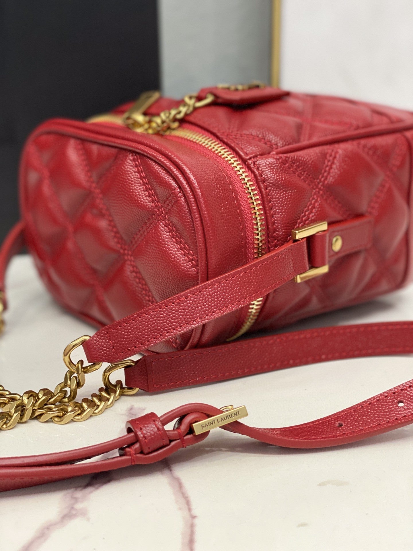 YSSL 80’s Vanity Bag In Carré-Quilted Grain De Poudre Red For Women 6in/16.5cm YSL 649779DME276805