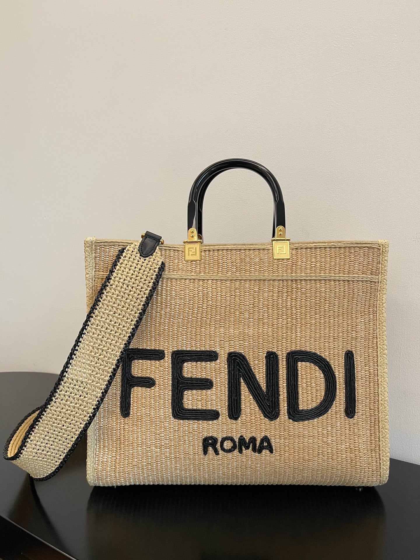 Top QualityTop Quality Sunshine Medium Beige and Black straw shopper Bag For Woman 31cm/12in 8BH386AKRPF1CBX