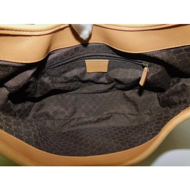 , Tom Ford era, Gucci Jackie orange-ish camel colored leather & brown canvas shoulder bag w stripe