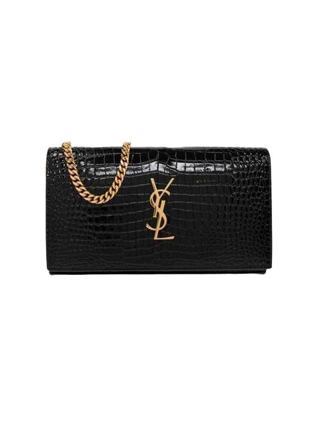 Luxury Saint Laurent Trending 2025 Cassandre Chain Crocodile Embossing Leather Long Wallet Black
