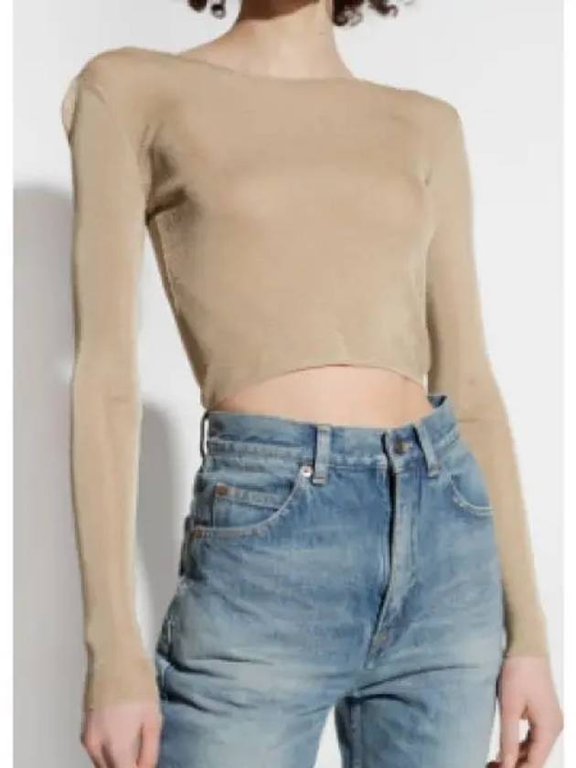 Luxury Saint Laurent Trending 2025 Rib Detail Viscose Crop Long Sleeve T-Shirt Beige