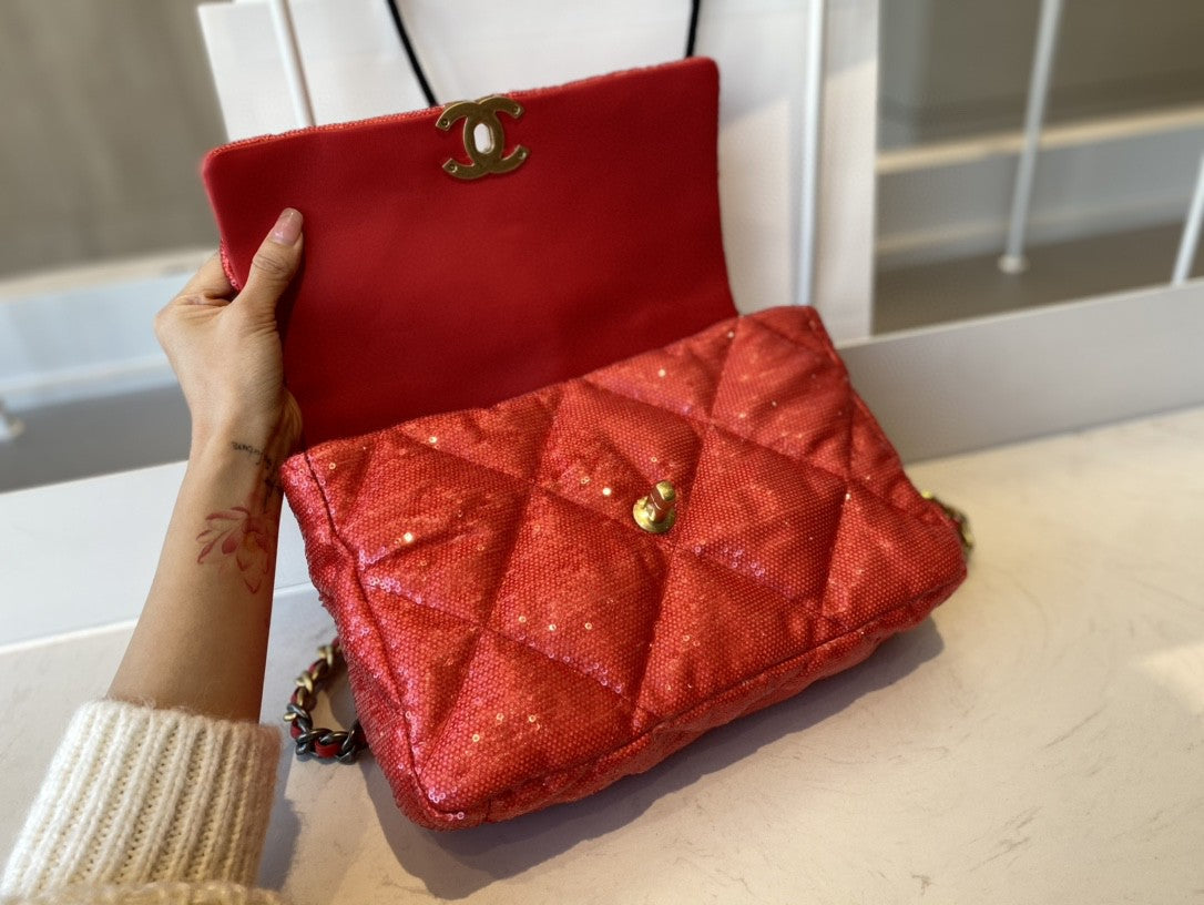 CHL 19 Flap Bag Gold Hardware Red For Women, Women’s Handbags, Shoulder Bags 10in/26cm AS1160 