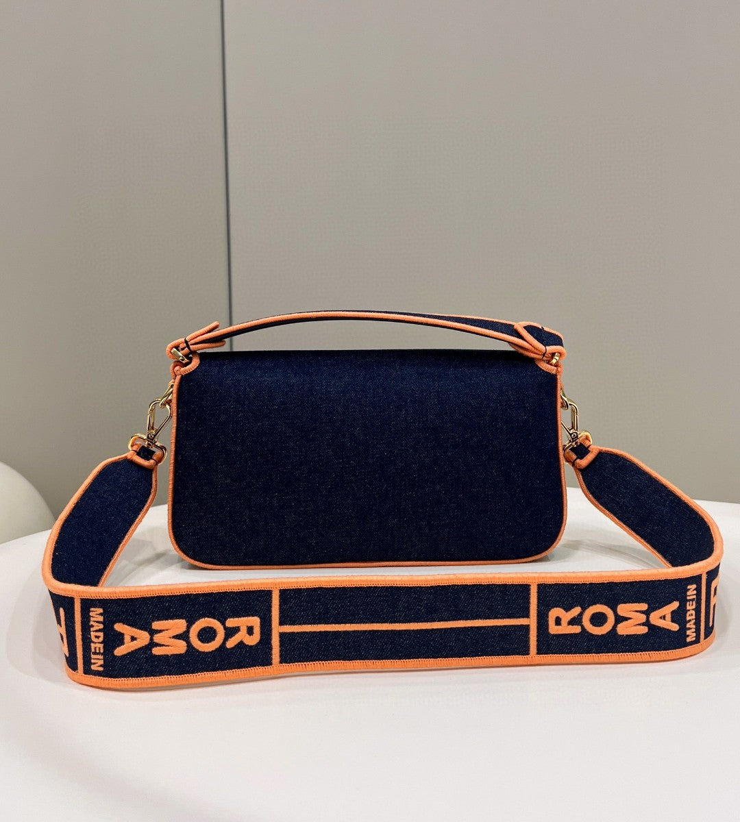 Top QualityTop Quality Baguette Blue Denim Orange Border Bag For Woman 26cm/10in