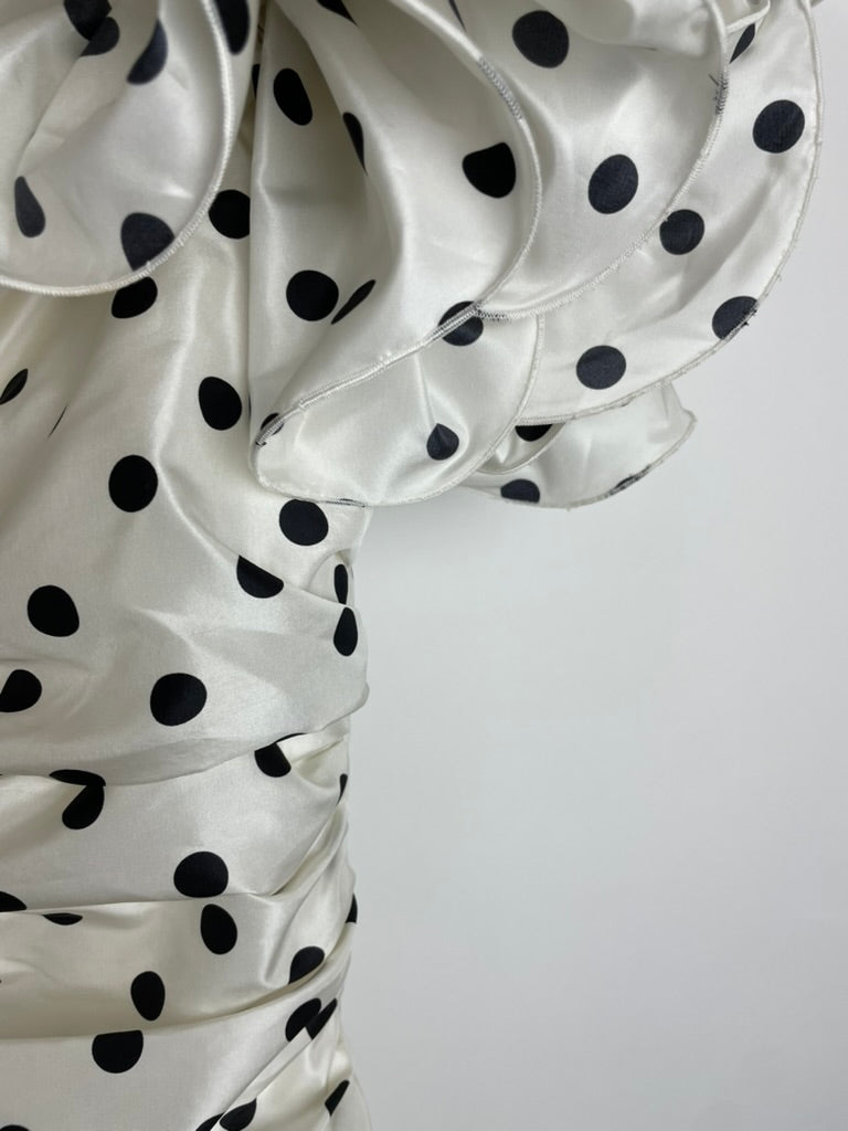 Alessandra Rich White & Black Polka Dot Ruched Crepe Mini Dress with Crystal Buttons and Strap Ruffle Details Size IT 38 (UK 6)