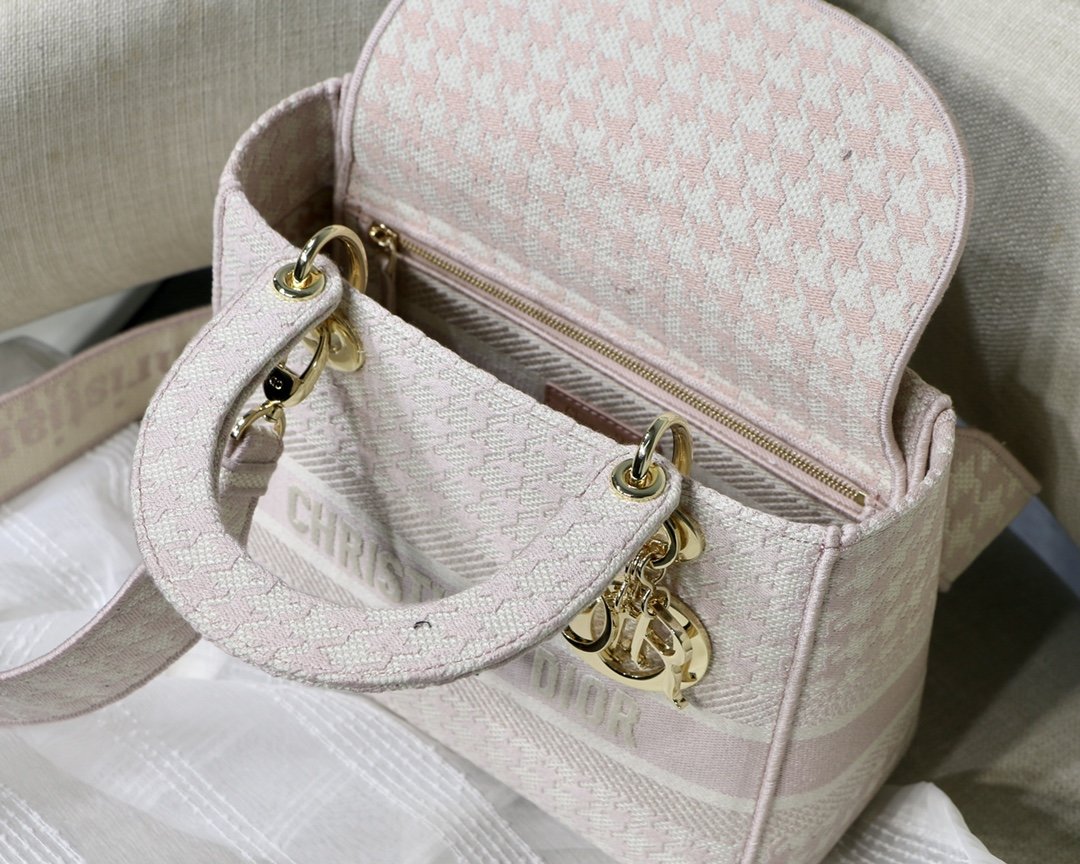Top Quality MeTop Qualityum Lady D-Lite Bag Houndstooth Embroidery, Pink/White, For Women Womens Handbags, Shoulder Bags, Crossbody Bags, 24cm CD