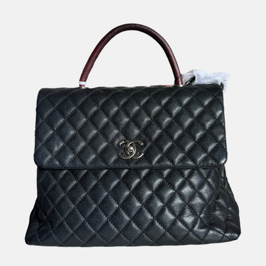 Chanel Coco Handle Maxi Black Caviar Leather Burgundy Lizard Handle Silver Hardware 32cm