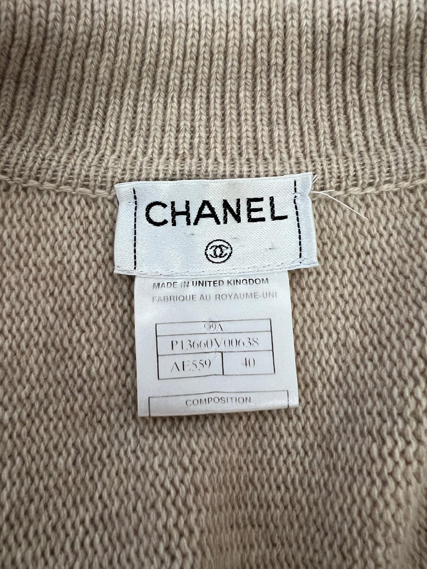 Chanel 99/A Beige Cashmere Long Sleeve Cardigan Size FR 40 (UK 12)