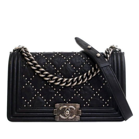 Black Chanel Old Medium Quilted Crumpled Calfskin Studded Boy Flap Crossbody Bag