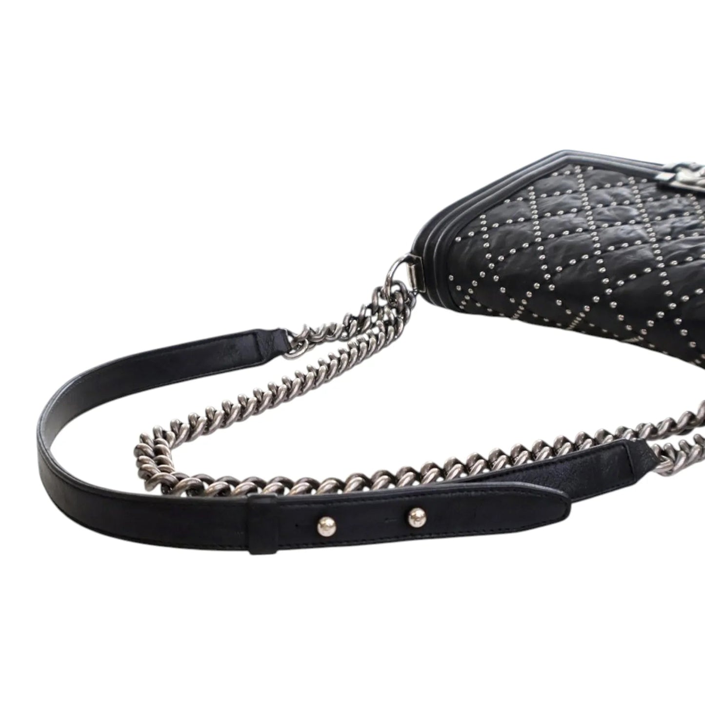 Black Chanel Old Medium Quilted Crumpled Calfskin Studded Boy Flap Crossbody Bag