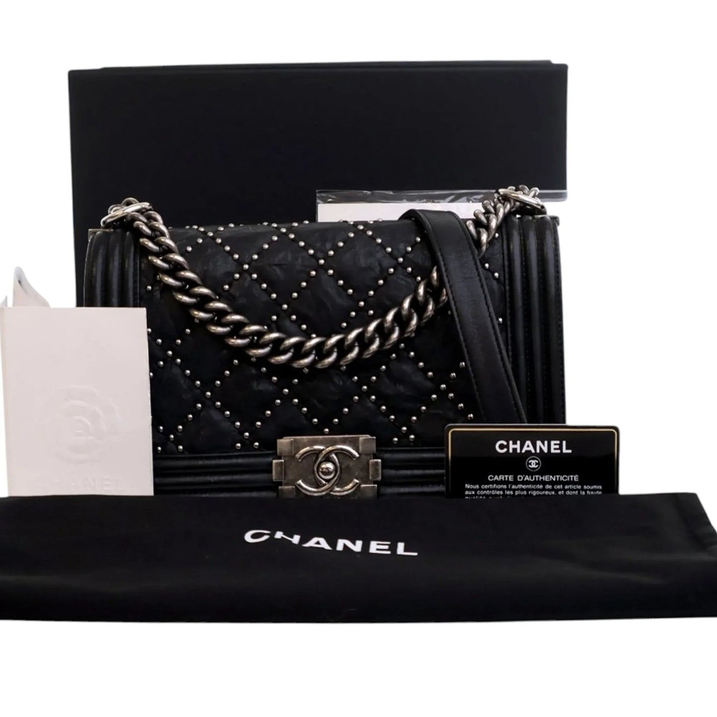Black Chanel Old Medium Quilted Crumpled Calfskin Studded Boy Flap Crossbody Bag