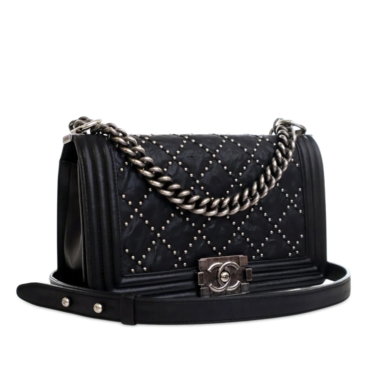 Black Chanel Old Medium Quilted Crumpled Calfskin Studded Boy Flap Crossbody Bag
