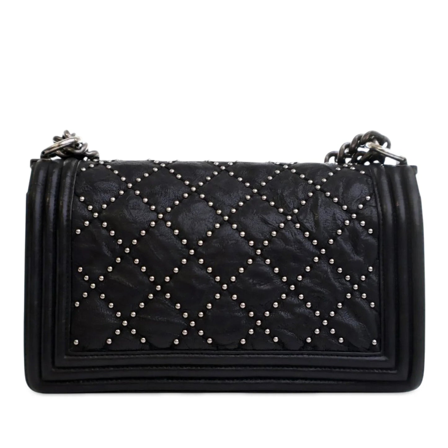 Black Chanel Old Medium Quilted Crumpled Calfskin Studded Boy Flap Crossbody Bag