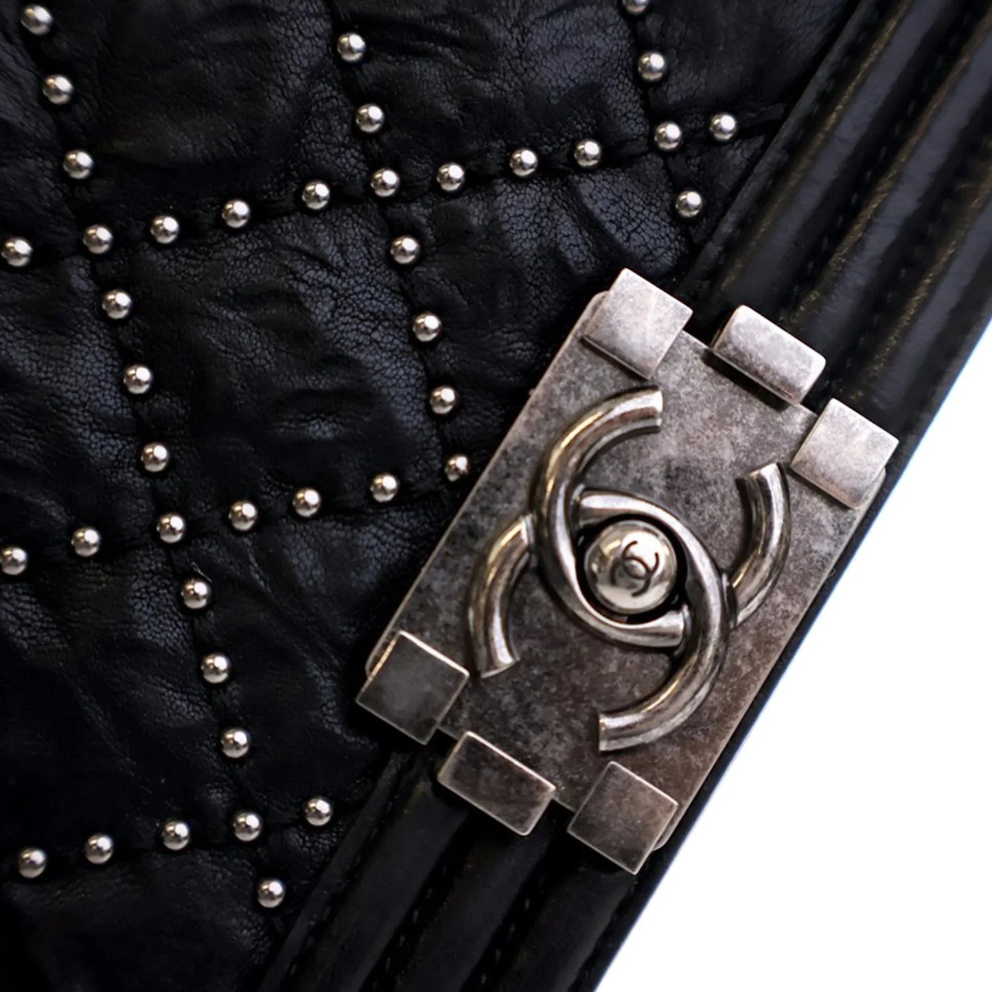 Black Chanel Old Medium Quilted Crumpled Calfskin Studded Boy Flap Crossbody Bag