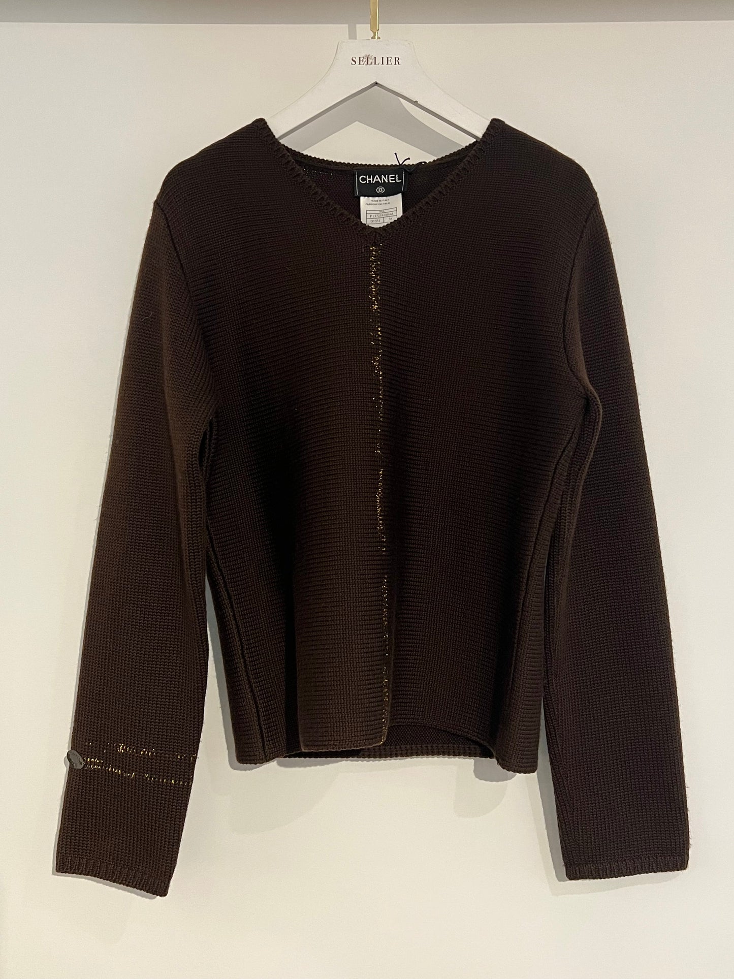 Chanel 99/A Brown V Neck Knitted Jumper with Gold Stitch Detail FR 38 (UK 10)