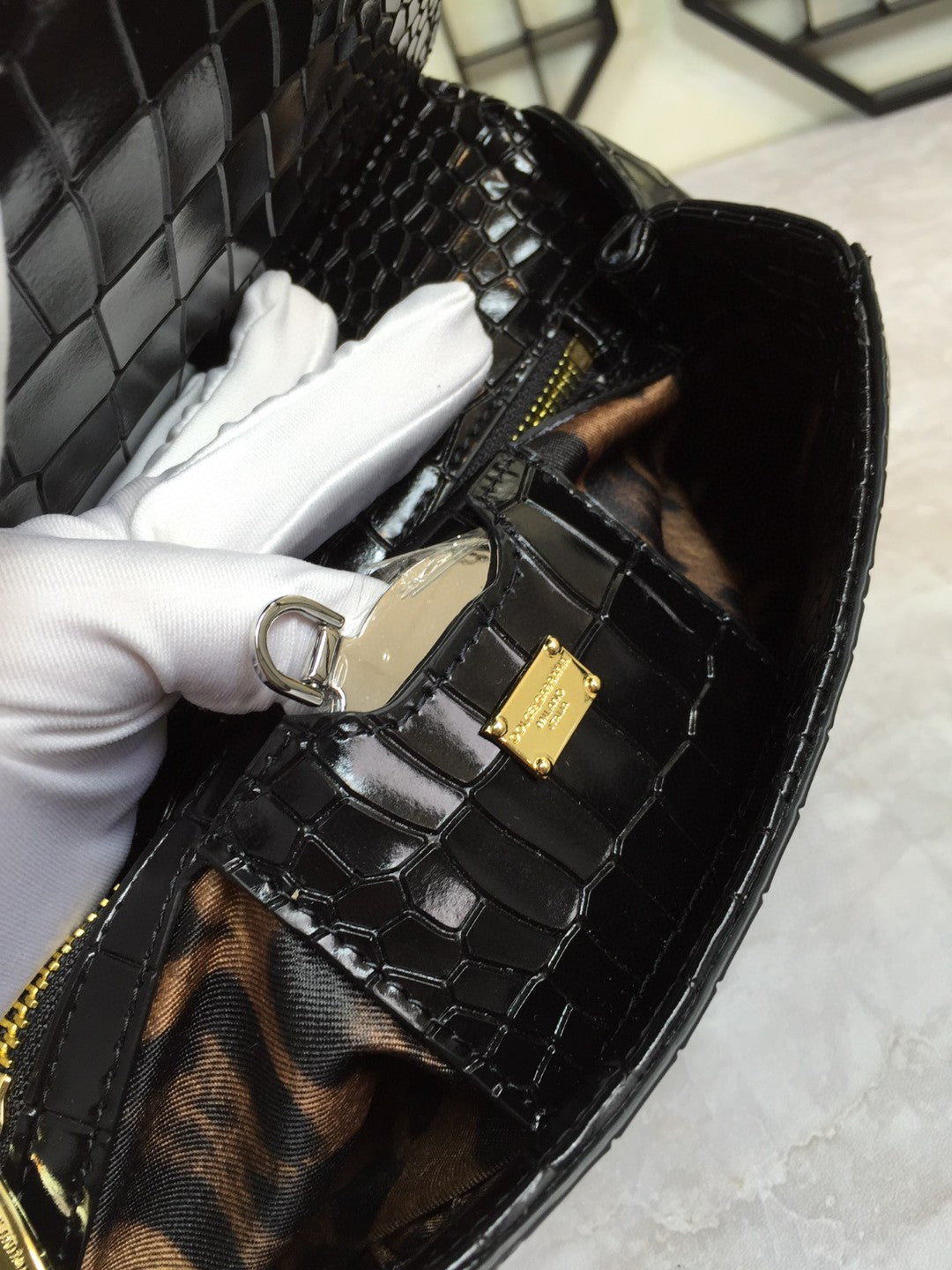 Top Quality MeTop Qualityum Sicily Bag In Foiled CrocoTop Qualityle-Print Black For Women 10.2in/26cm Top Quality