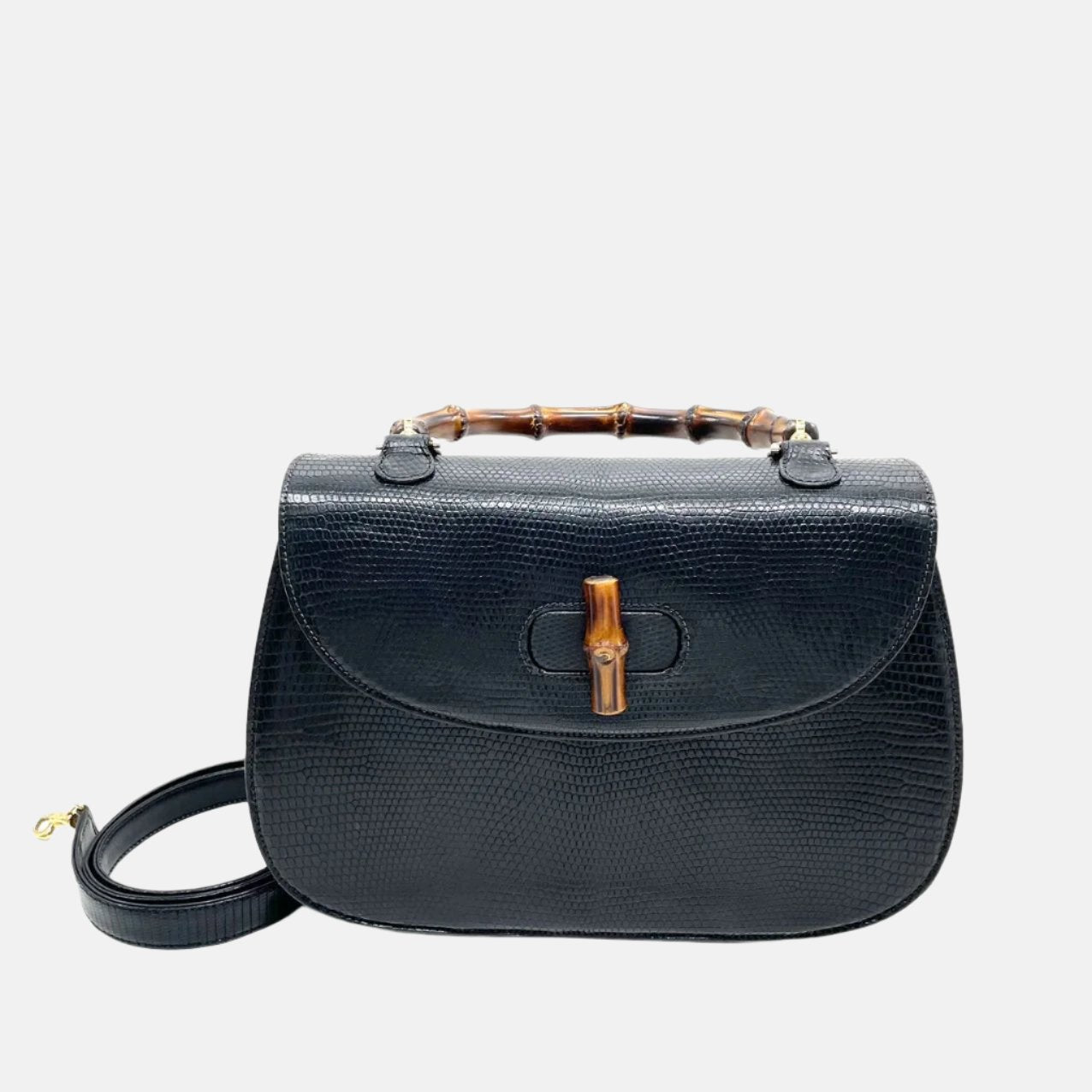 Gucci Bamboo 1947   Rare Lizard-skin Leather Large Black with Strap