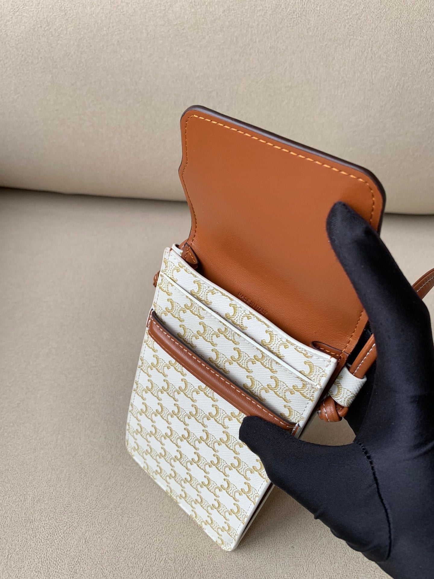 Top Quality Phone Pouch With Top Qualityap In Triomphe Canvas And Lambskin White/Tan For Women 7in/18cm 10G332CQD.01TA