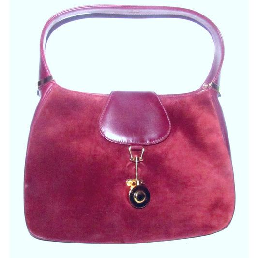 Rare,  , Gucci, burgundy leather & suede, unique, 1961 Jackie, hobo style shoulder bag with a two-tone piston closure & flap top