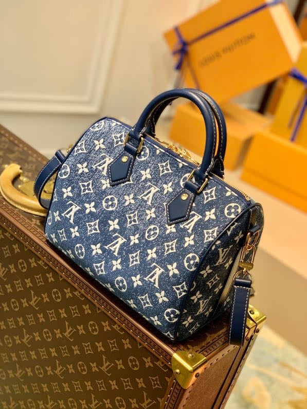 Top Quality Speedy Bandouliere 25 Monogram Denim Jacquard Navy Blue For Women, WoHandbags 9.8in/25cm Top Quality M59609