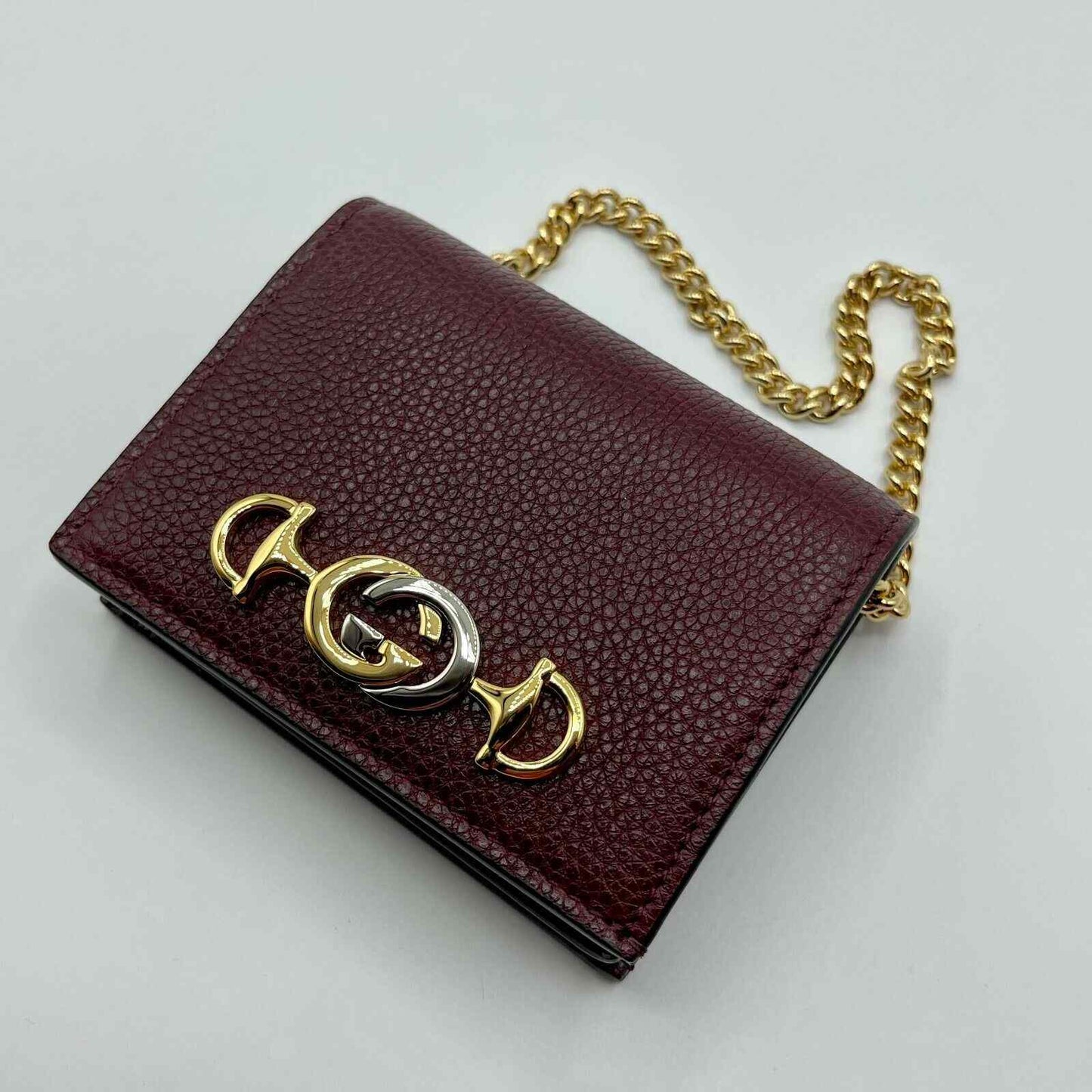 Gucci Zumi Burgundy Leather Gold Chain Bi-Fold  w/box Mini Wallet