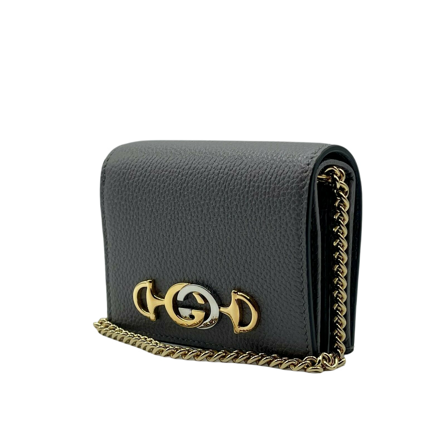 Gucci Zumi Women's Grey Leather Gold Chain Bi-Fold Mini Wallet GG Logo