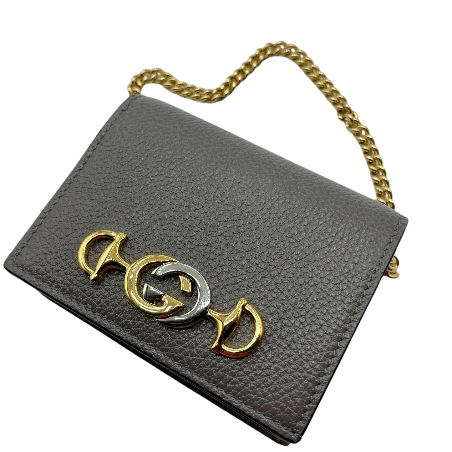 Gucci Zumi Women's Grey Leather Gold Chain Bi-Fold Mini Wallet GG Logo