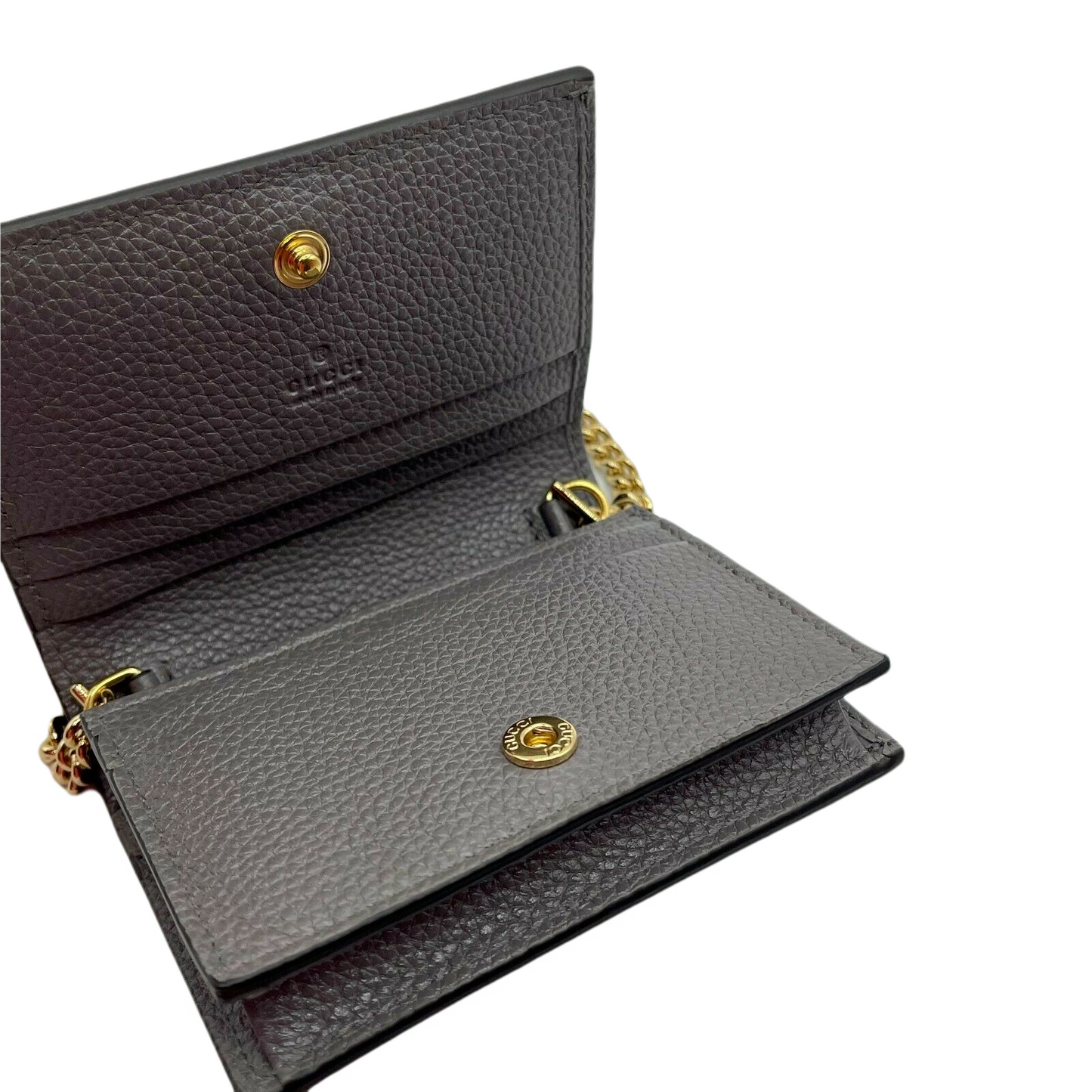 Gucci Zumi Women's Grey Leather Gold Chain Bi-Fold Mini Wallet GG Logo
