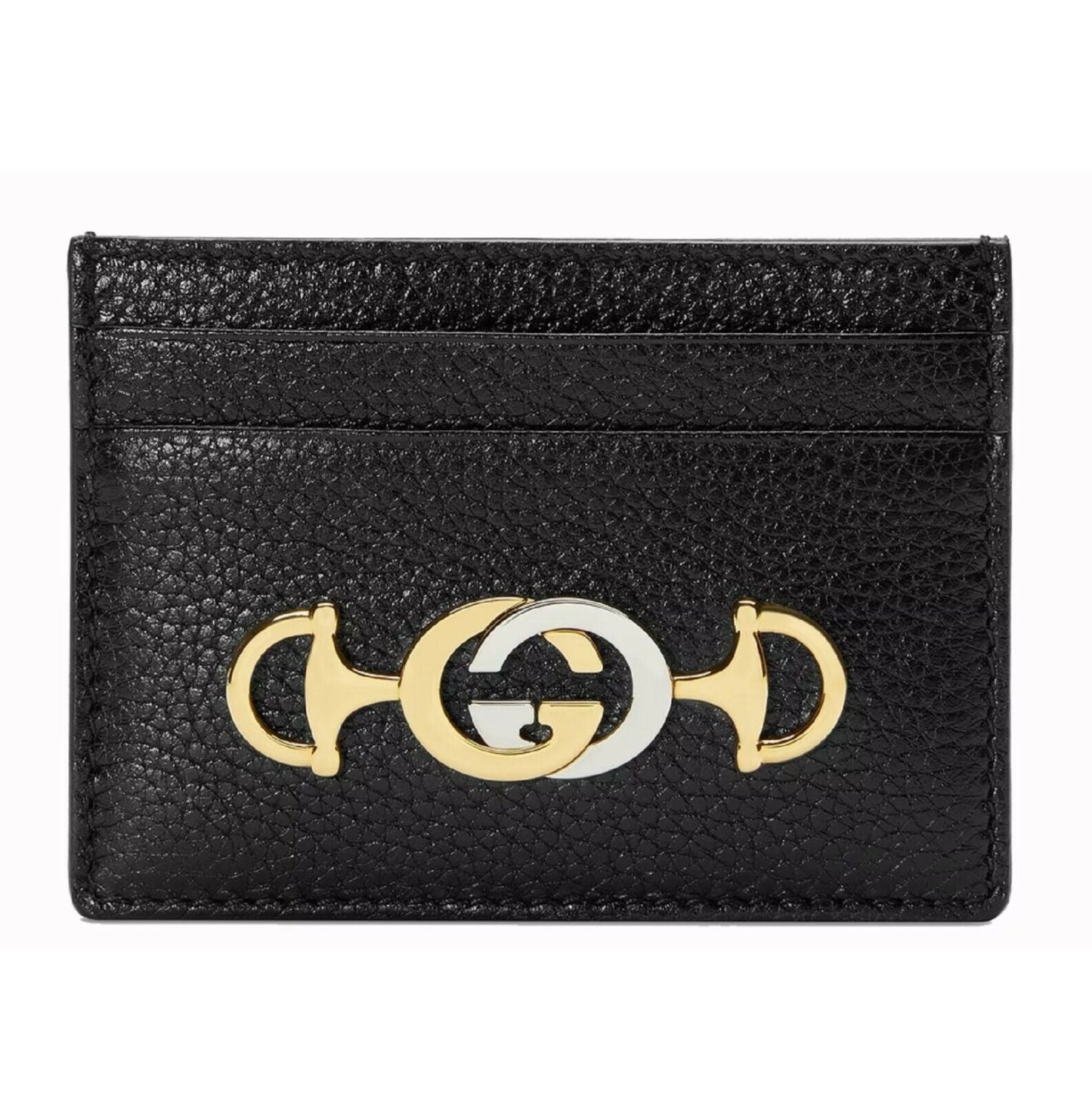 Gucci Zumi Black Leather Card Holder Wallet Metal GG Logo w/Box