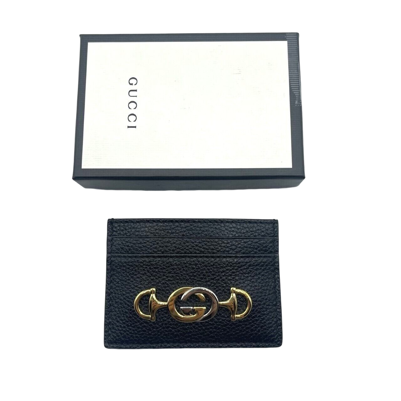 Gucci Zumi Black Leather Card Holder Wallet Metal GG Logo w/Box