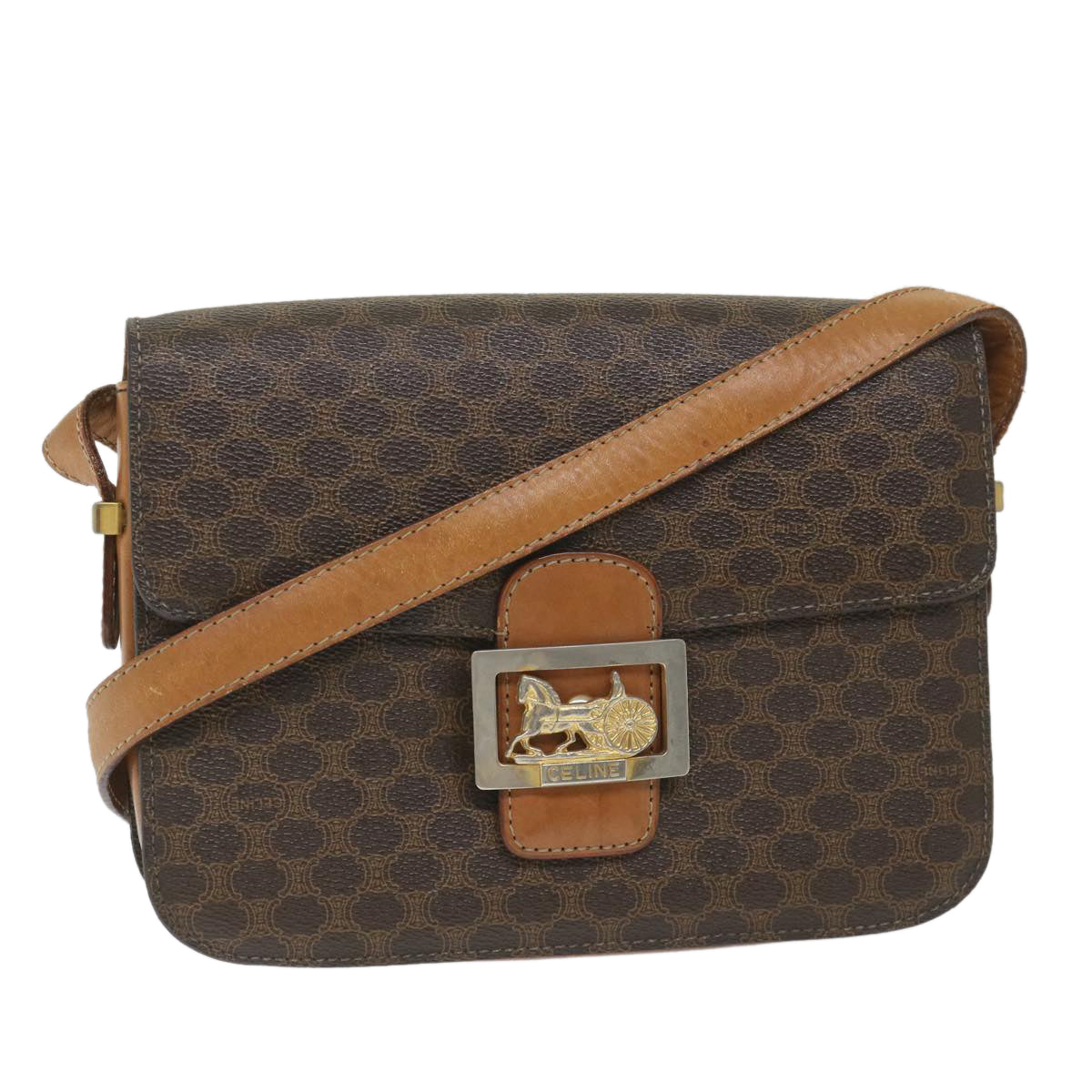 Luxury CELINE Macadam Canvas Horse Carriage Shoulder Bag PVC Leather Brown  57374