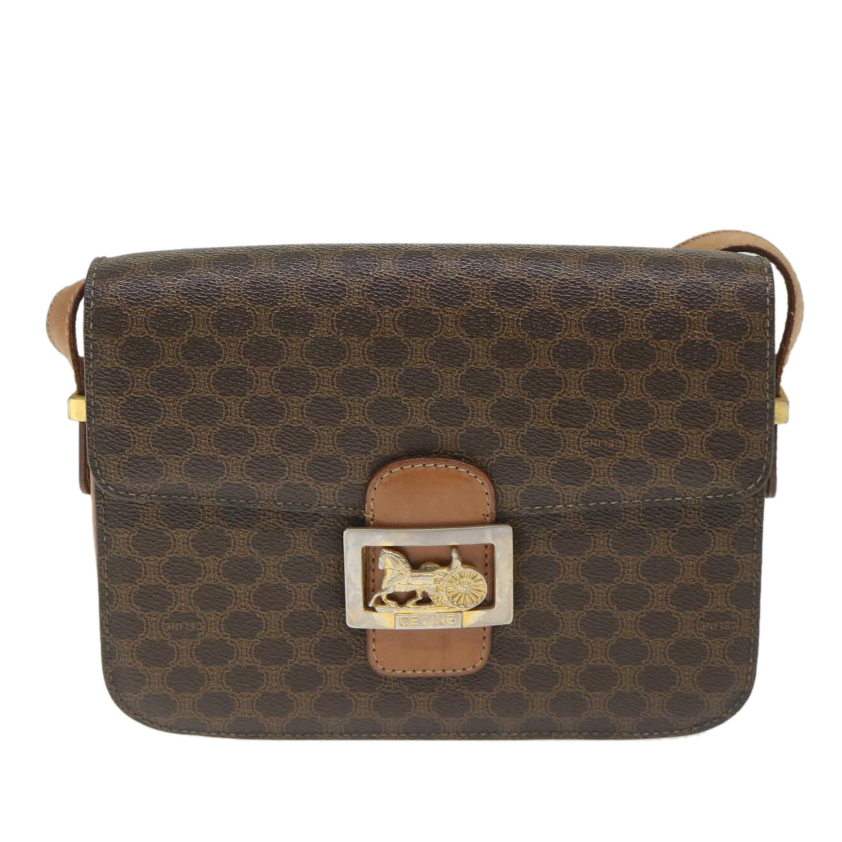 Luxury CELINE Macadam Canvas Horse Carriage Shoulder Bag PVC Leather Brown  57374